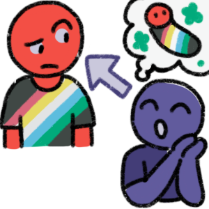 a purple person looking at a red person and thinking of a baby. The red person is wearing a disability pride flag shirt and looks confused. The purple person has their hands clasped and thinks of a baby version of the red person, swaddled in the disability pride flag. .